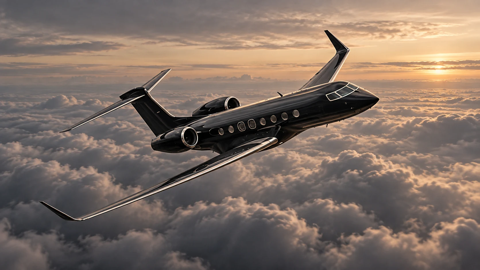 Et sort privatfly over skyene i et dempet gyllent kveldslys